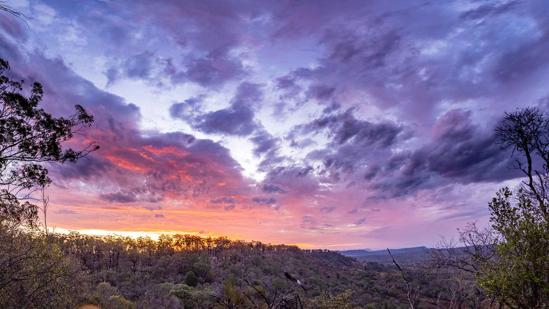 Pink and purple cloudy sunset over the Carnarvon Ranges